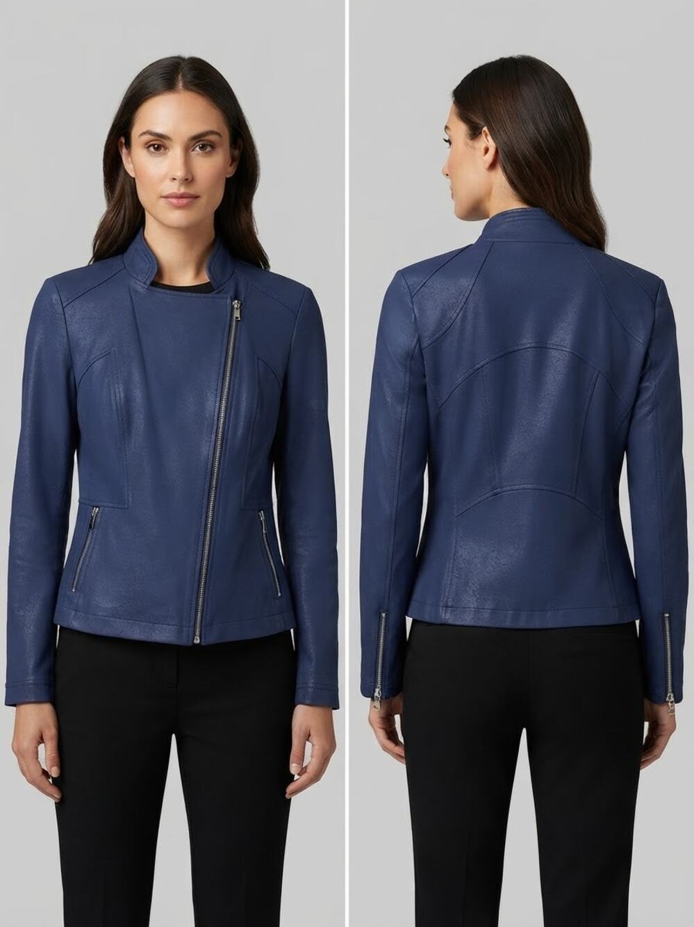 Clara Sunwoo Blue Faux Leather Moto Jacket S